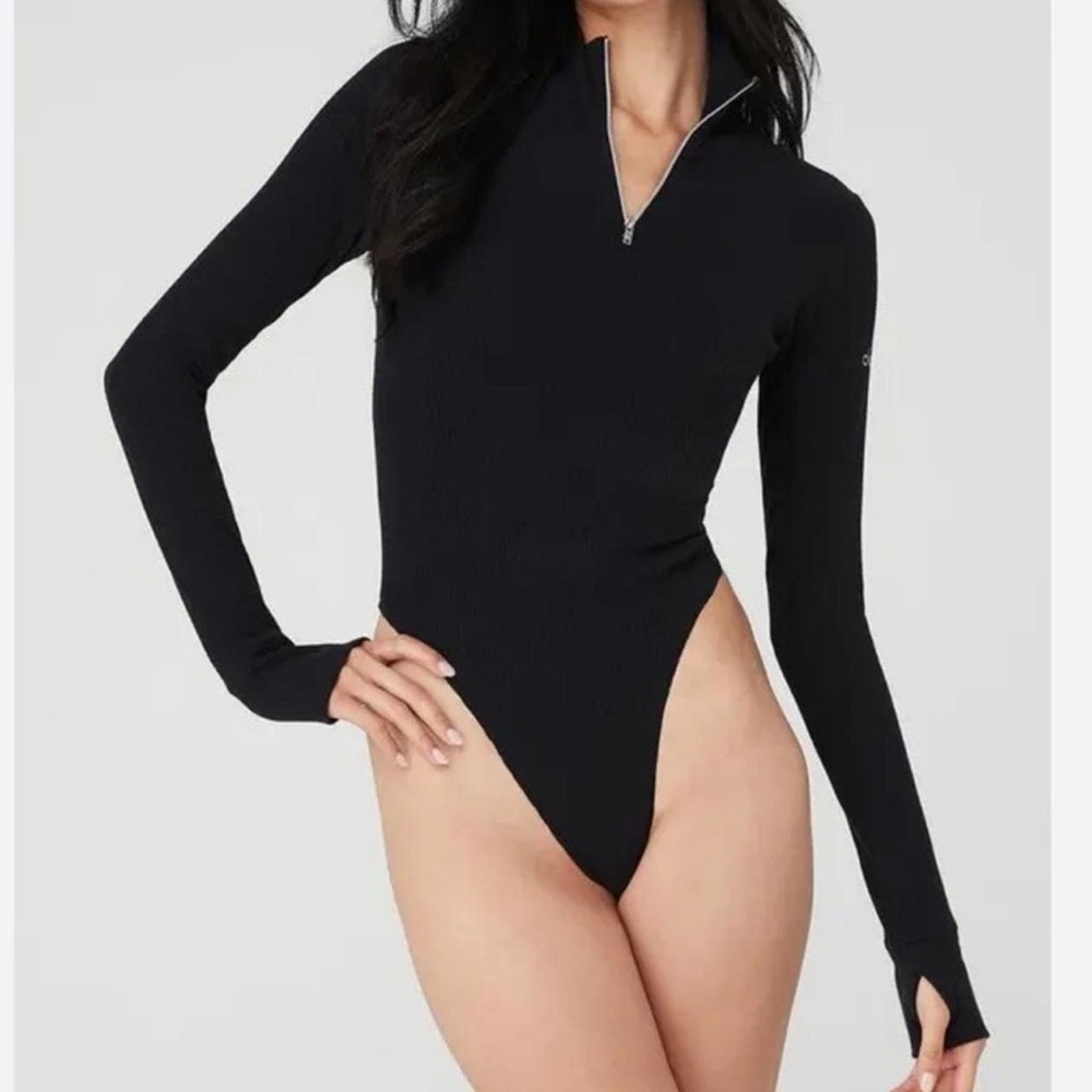 Alo Rise Up Long Sleeve Bodysuit Black Mock Neck Zip-Up